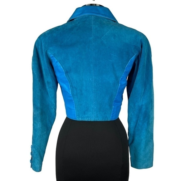 MICHAEL HOBAN NORTH BEACH VINTAGE 90S LEATHER BLUE CROP JACKET SKIRT SET SUIT - Picture 6 of 16